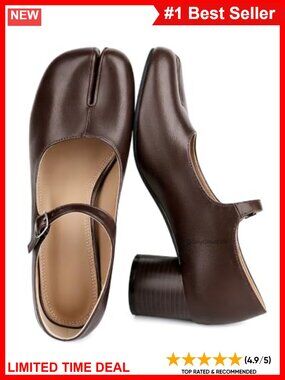 Faux Leather Tabi Mary Jane Pumps Split Toe Chunky Block Heel Buckle Dress Shoes